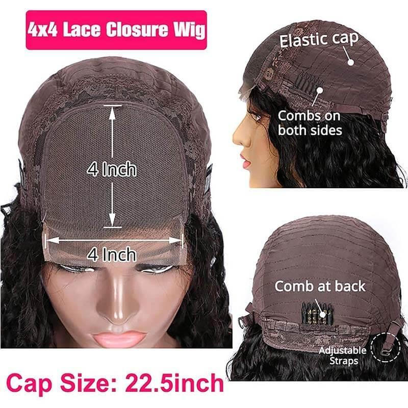 Deep Wave 4x4 Closure transparent Lace Wig #1B Natural Black Free Shipping - Closure Wig