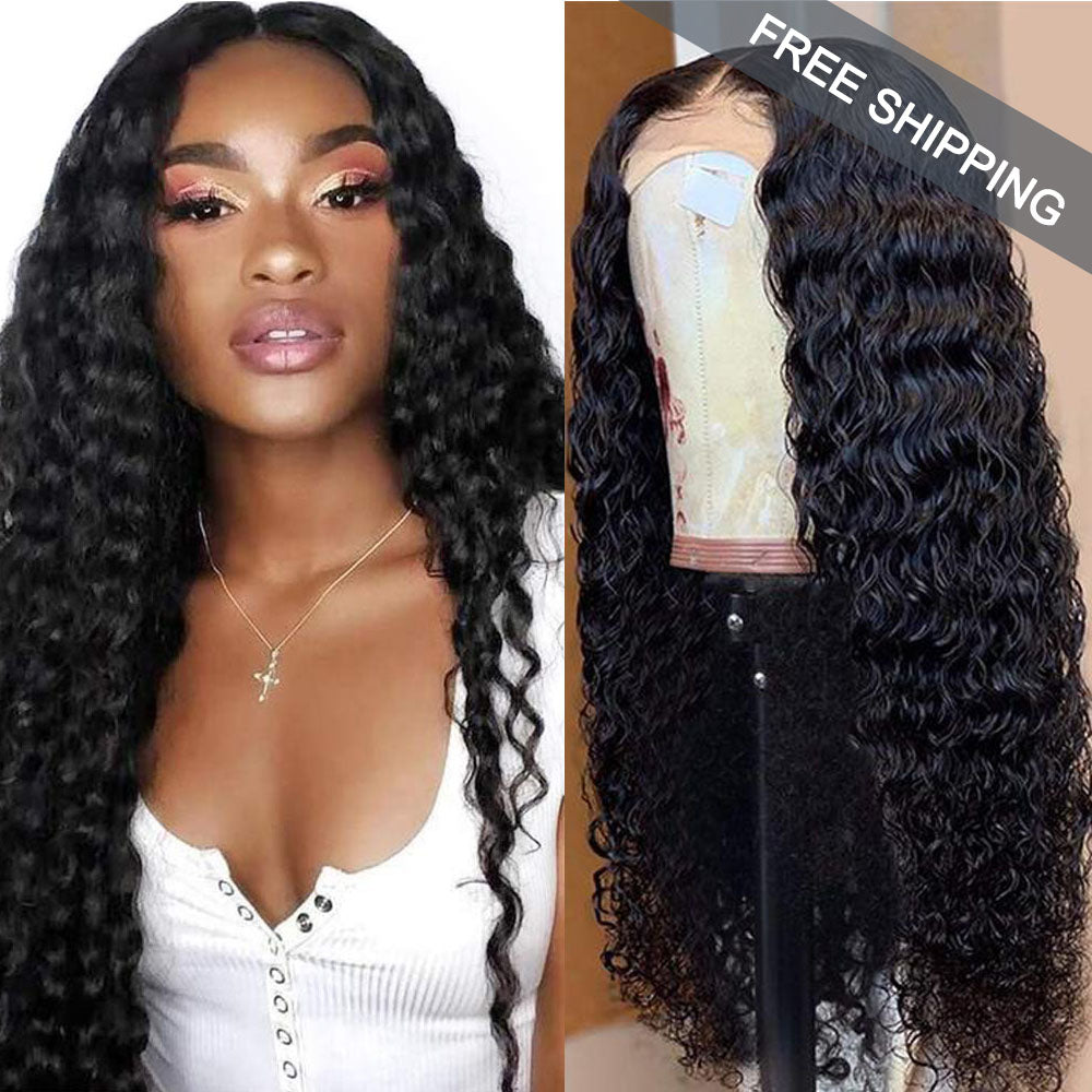 Deep Wave 4x4 Closure transparent Lace Wig #1B Natural Black Free Shipping - Closure Wig