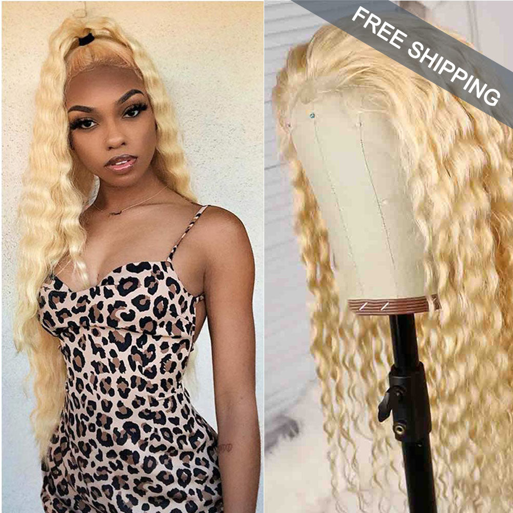 Deep Wave 4x4 Closure transparent Lace Wig #613 Blonde Color Wig Free Shipping - Closure Wig
