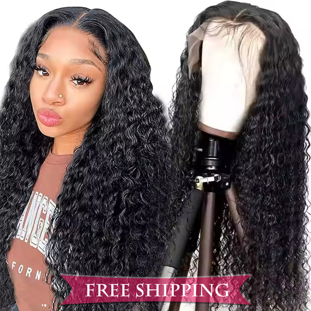 Deep Wave Full 13x4 Frontal transparent Lace Wig #1B Natural Black Free Shipping - Frontal Wig