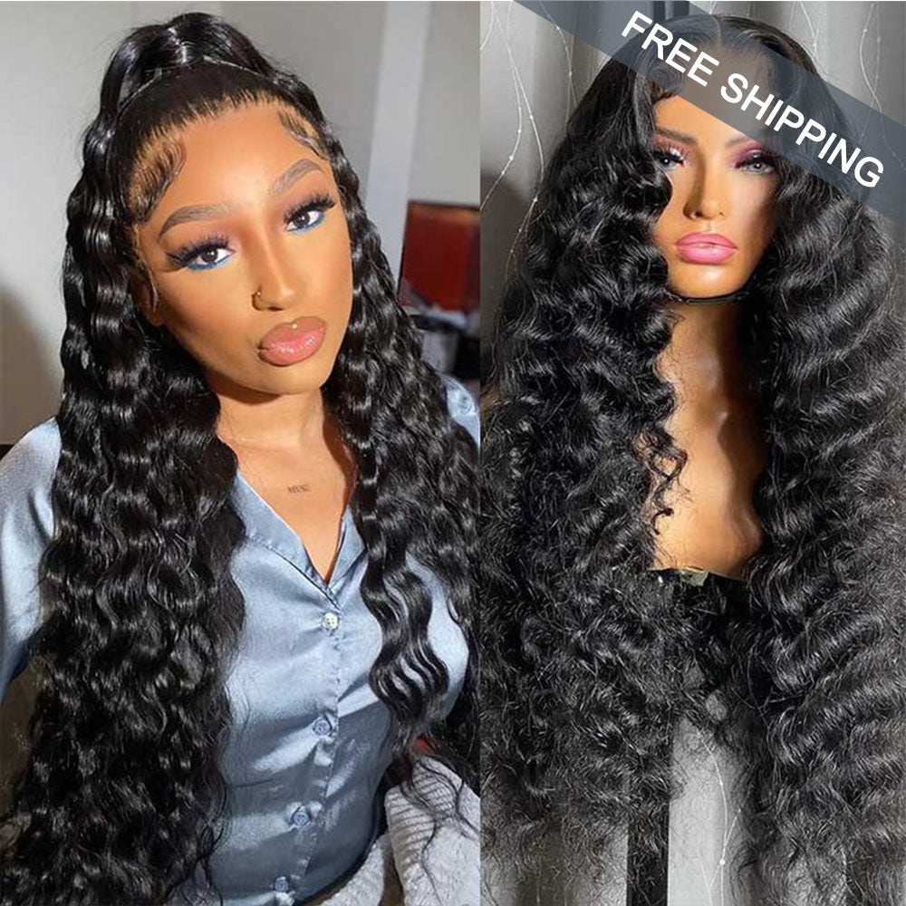 Deep Wave Full 13x6 Frontal transparent Lace Wig #1B Natural Black Free Shipping - Frontal Wig