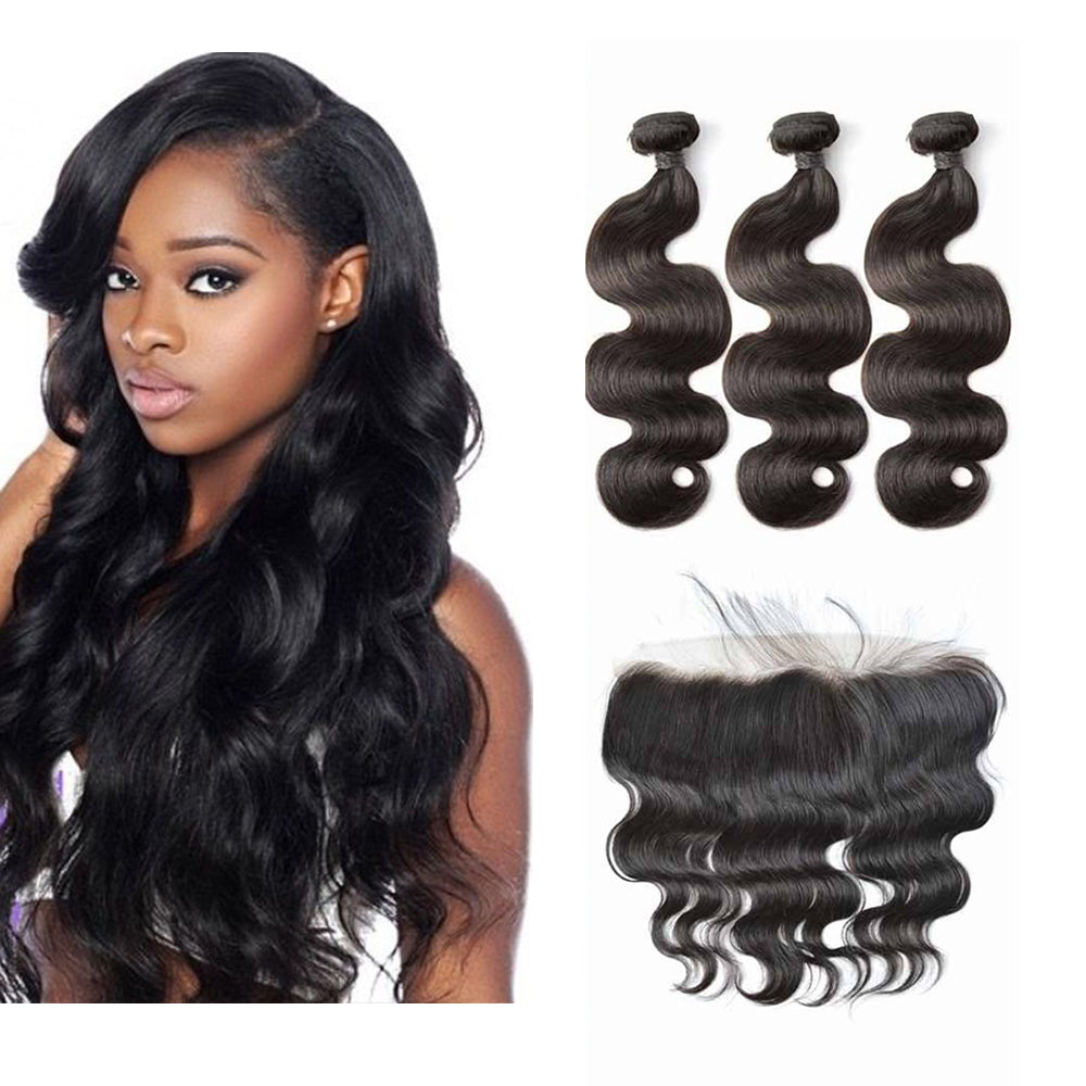 Free Shipping 3 Pcs 12A Bundles With One 13*4 Transparent Frontal (Body Wave) Virgin Human Hair Natural Black #1B