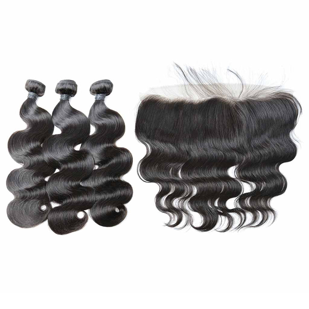 Free Shipping 3 Pcs 12A Bundles With One 13*4 Transparent Frontal (Body Wave) Virgin Human Hair Natural Black #1B