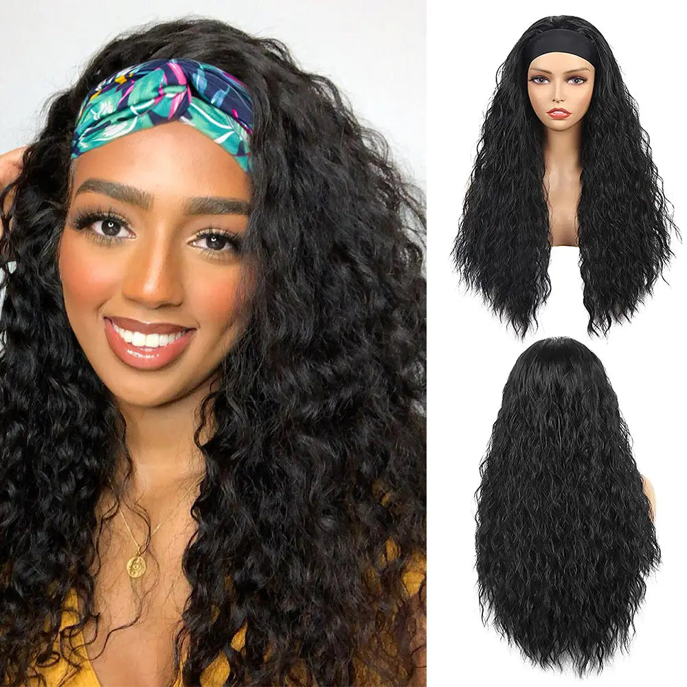 Natural Curly #1B Natural Black Flexible 180% Density Beginner Friendly Headband Wig Free Shipping