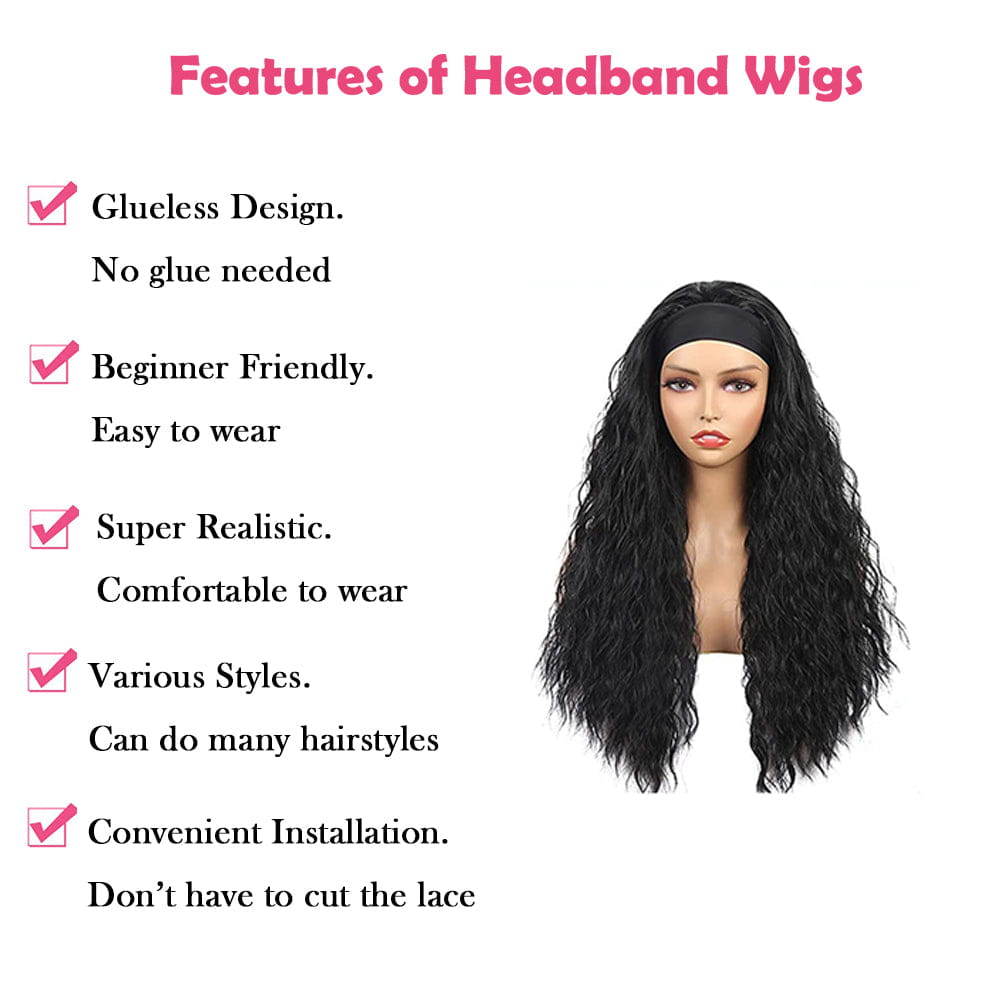 Natural Curly #1B Natural Black Flexible 180% Density Beginner Friendly Headband Wig Free Shipping
