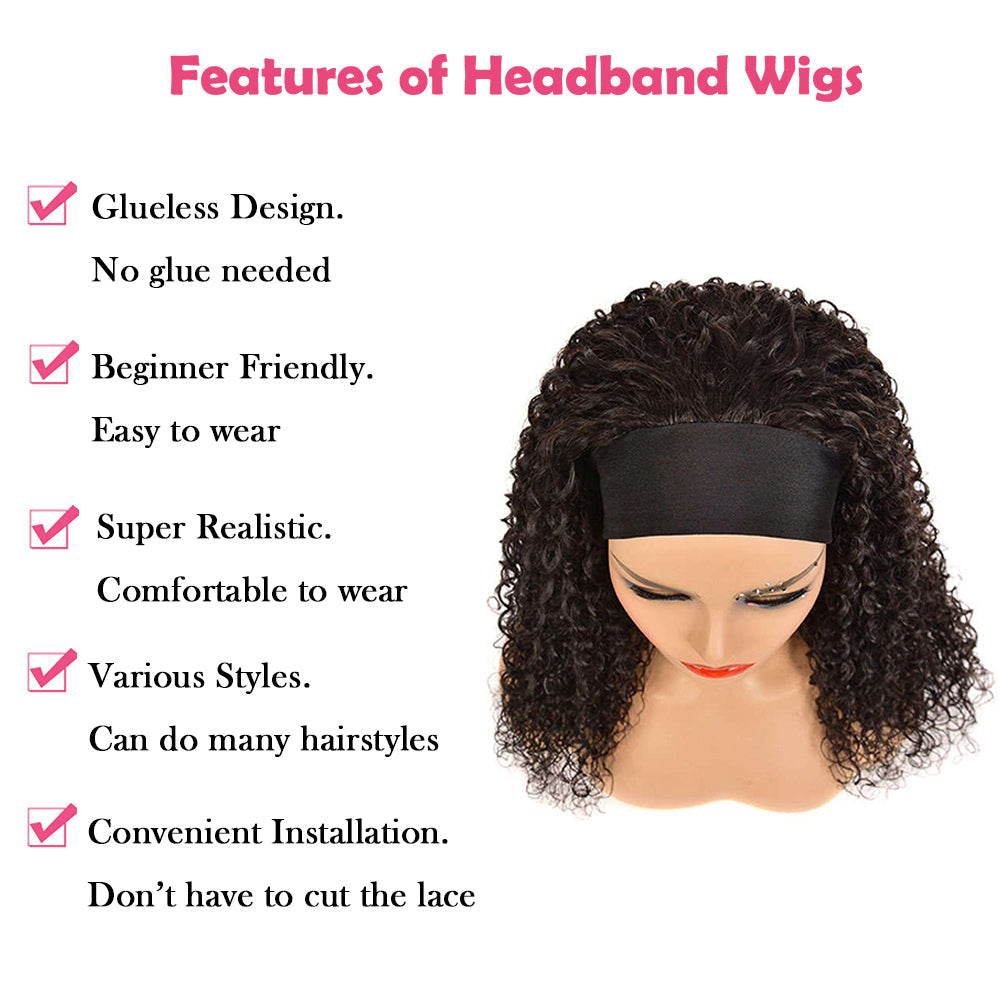 Italy Curly #1B Natural Black Flexible 180% Density Beginner Friendly Headband Wig Free Shipping - Headband Wig