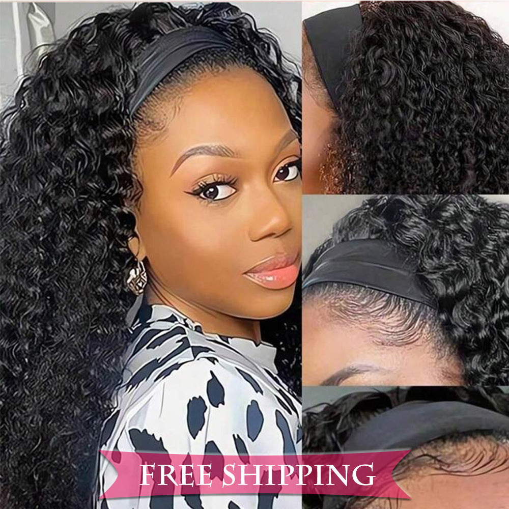 Kinky Curly #1B Natural Black Flexible 180% Density Beginner Friendly Headband Wig Free Shipping - Headband Wig