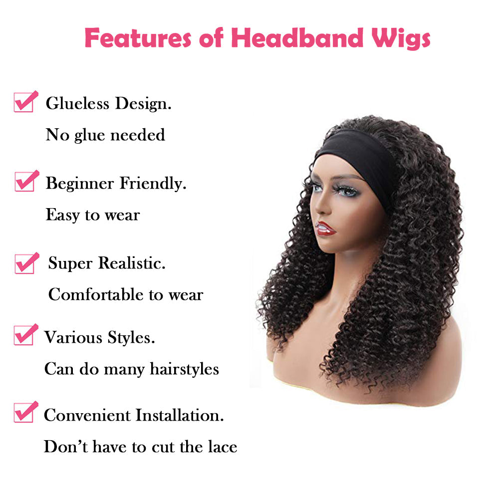 Kinky Curly #1B Natural Black Flexible 180% Density Beginner Friendly Headband Wig - Headband Wig