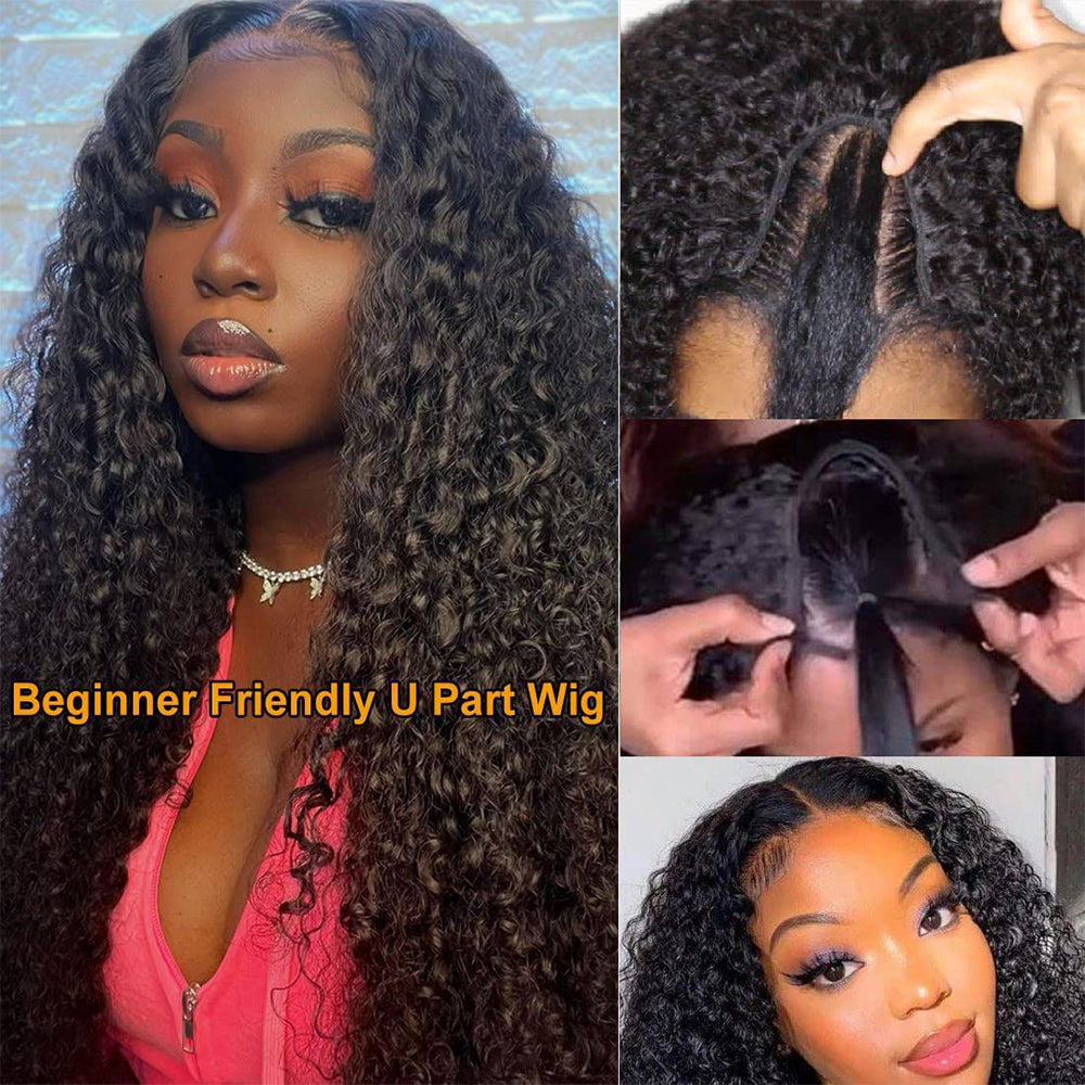Kinky Curly #1B Natural Black U Part Wigs 100% Virgin Human Hair 180% Density - U Part Wig