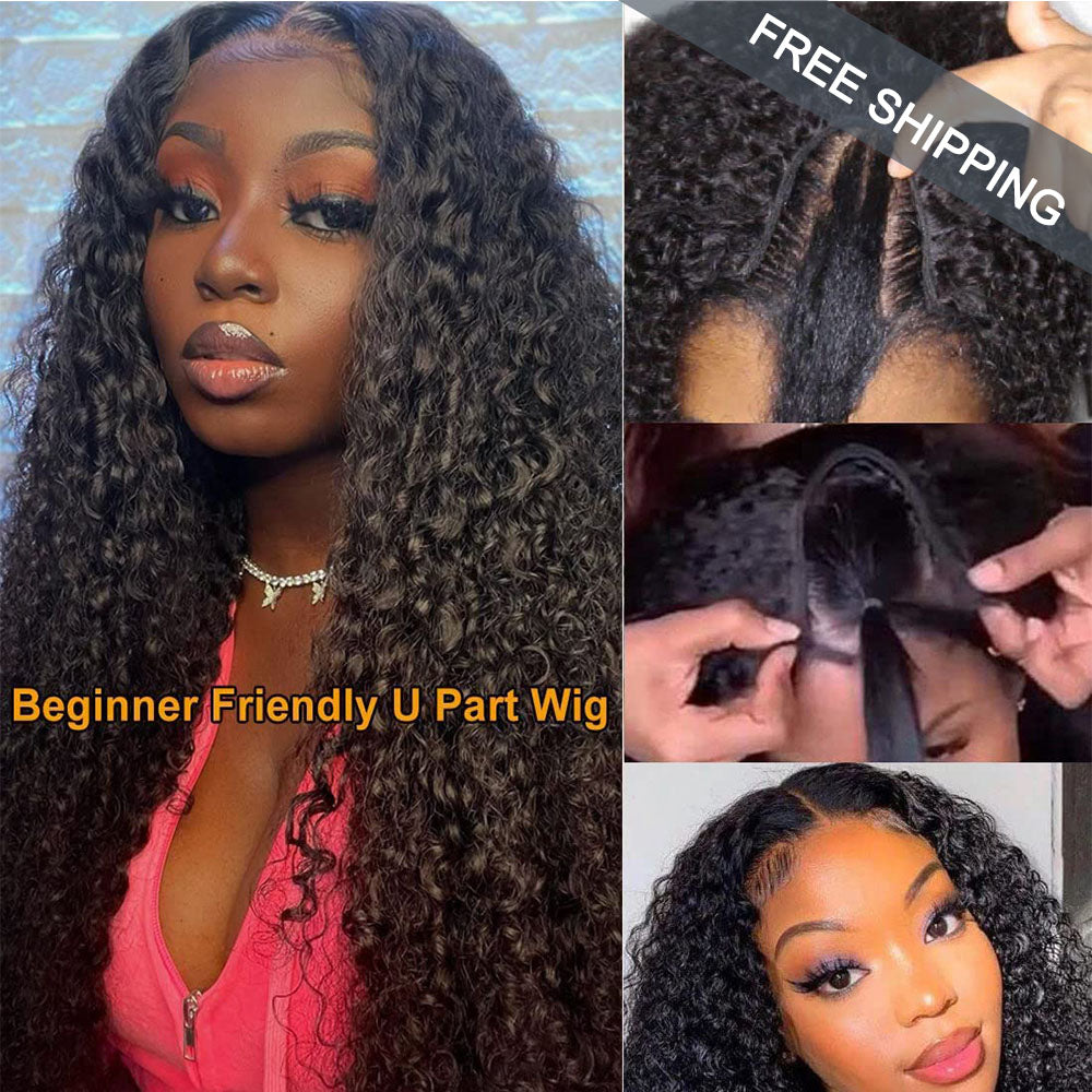 Kinky Curly #1B Natural Black U Part Wigs 100% Virgin Human Hair 180% Density Free Shipping - U Part Wig