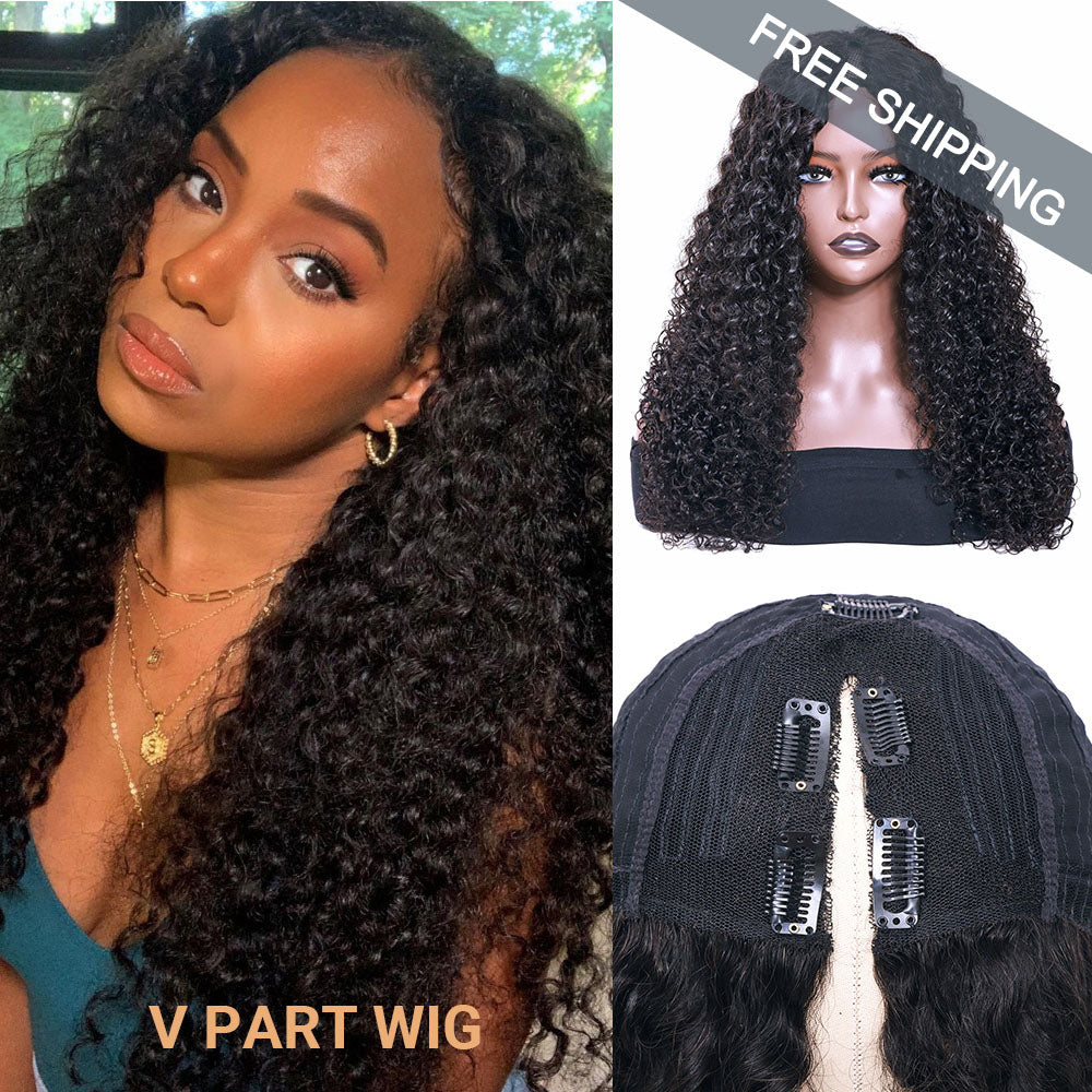 Kinky Curly #1B Natural Black V Part Wigs 100% Virgin Human Hair 180% Density Free Shipping - V Part Wig