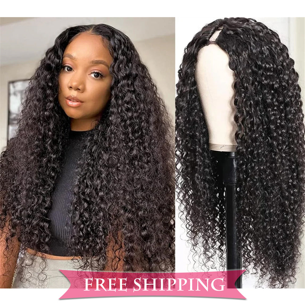 Kinky Curly #1B Natural Black V Part Wigs 100% Virgin Human Hair 180% Density Free Shipping - V Part Wig