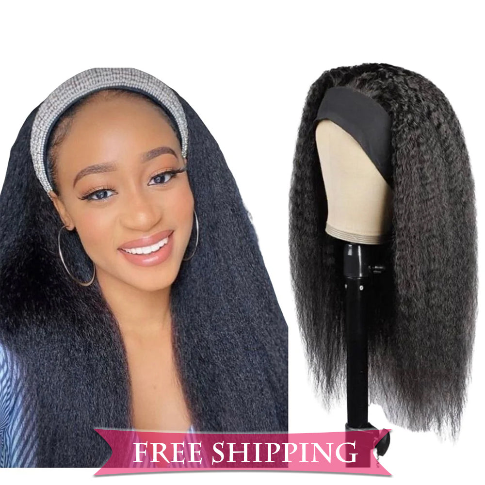 Kinky Straight #1B Natural Black Flexible 180% Density Beginner Friendly Headband Wig Free Shipping - Headband Wig