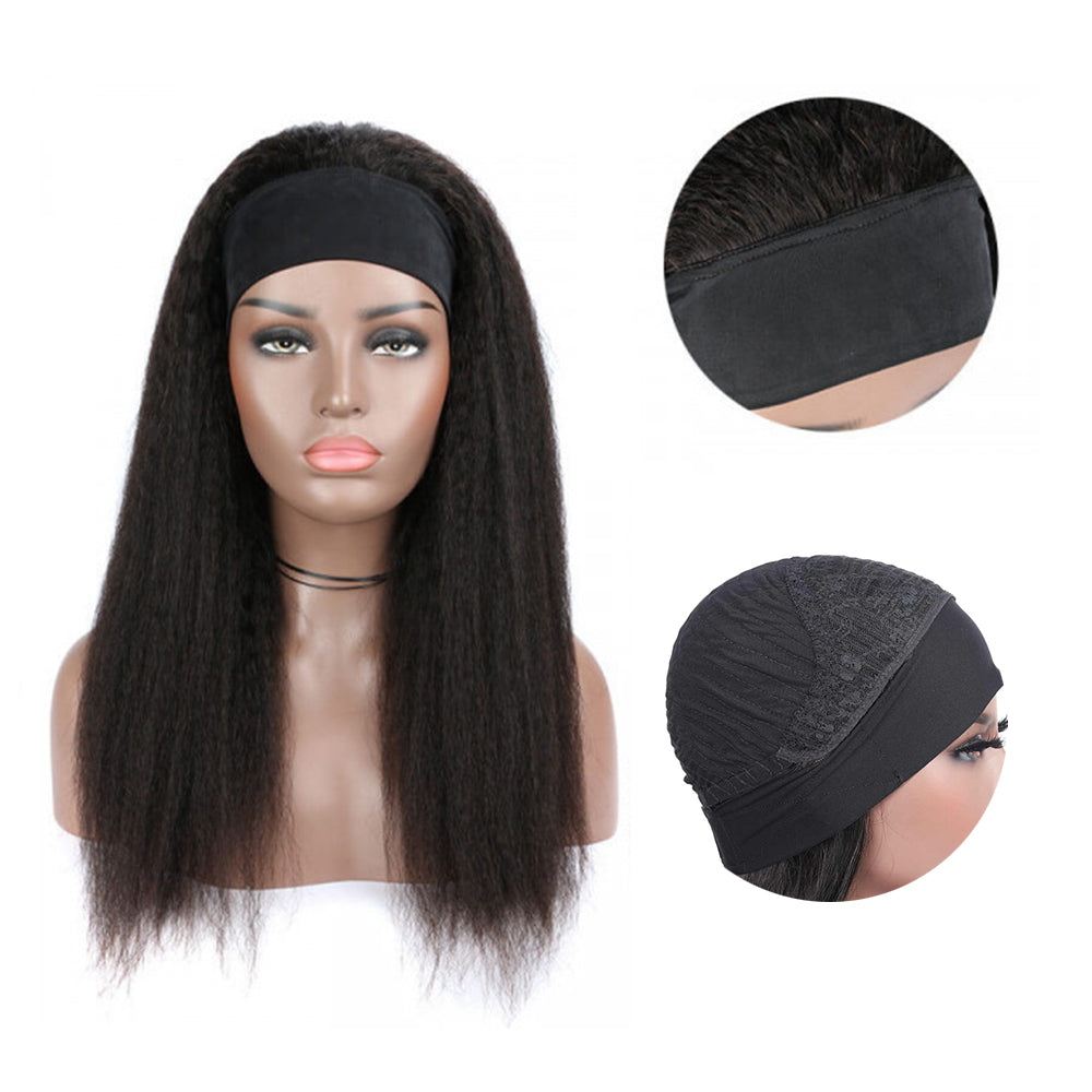 Kinky Straight #1B Natural Black Flexible 180% Density Beginner Friendly Headband Wig Free Shipping