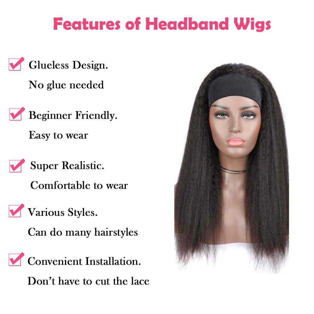 Kinky Straight #1B Natural Black Flexible 180% Density Beginner Friendly Headband Wig Free Shipping - Headband Wig