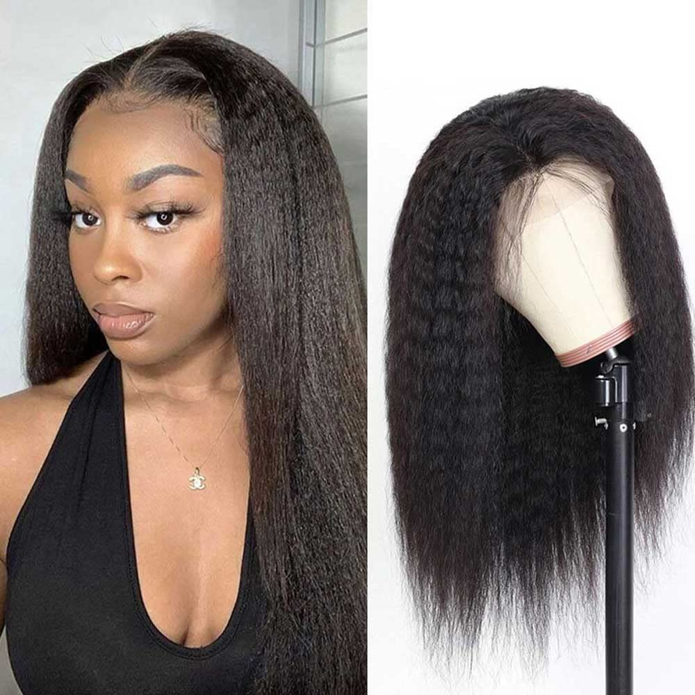 Kinky Straight Full 13x4 Frontal transparent Lace Wig #1B Natural Black - Frontal Wig