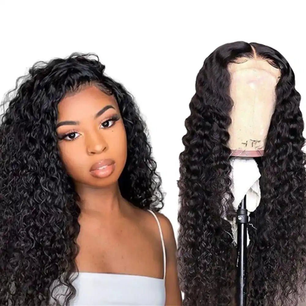 Long, curly, black wig.