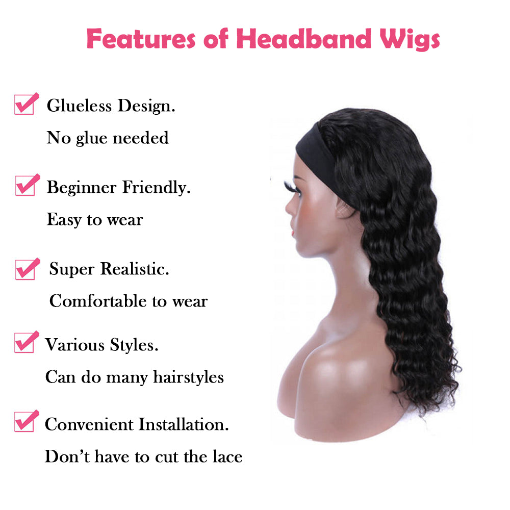 Loose Deep Curly #1B Natural Black Flexible 180% Density Beginner Friendly Headband Wig Free Shipping - Headband Wig