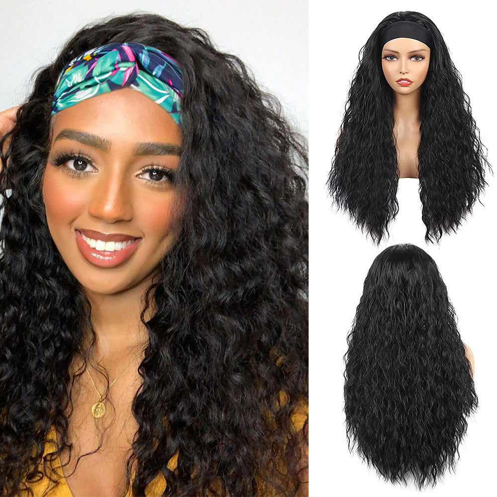 Natural Curly #1B Natural Black Flexible 180% Density Beginner Friendly Headband Wig - Headband Wig