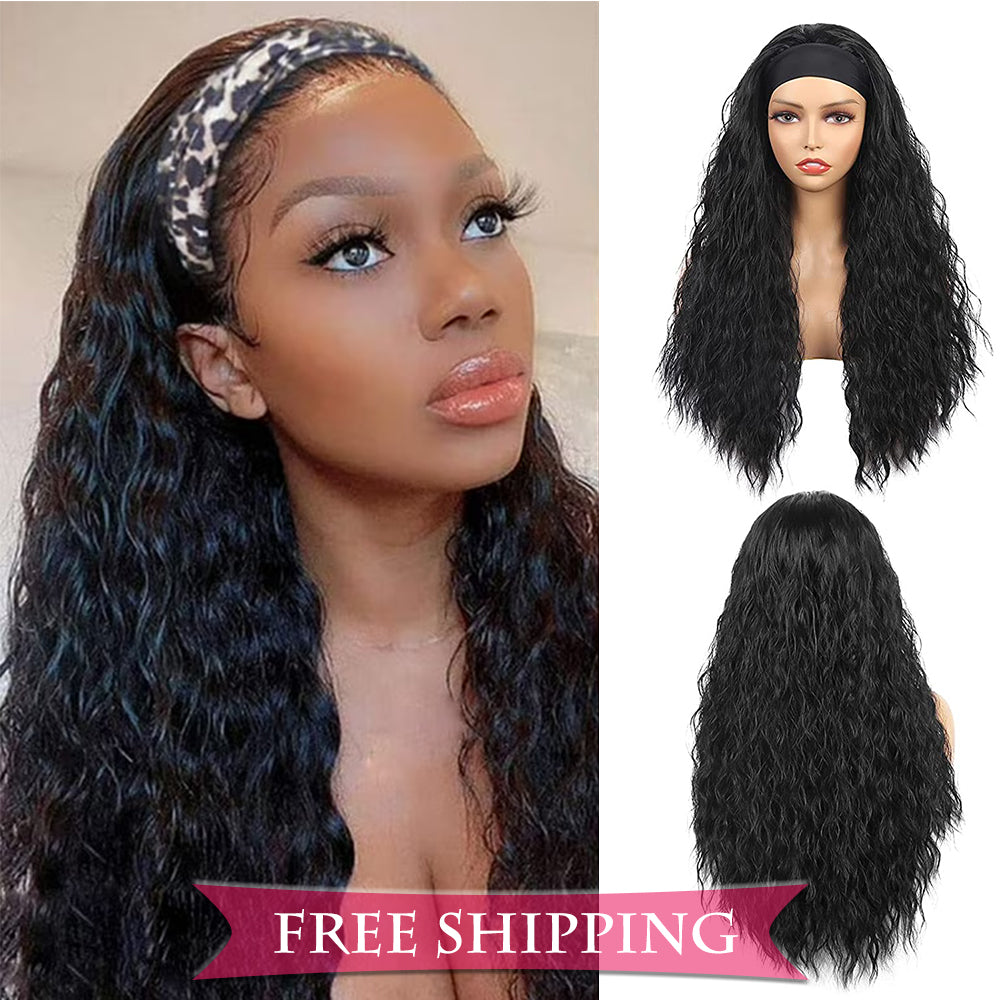 Natural Curly #1B Natural Black Flexible 180% Density Beginner Friendly Headband Wig Free Shipping - Headband Wig