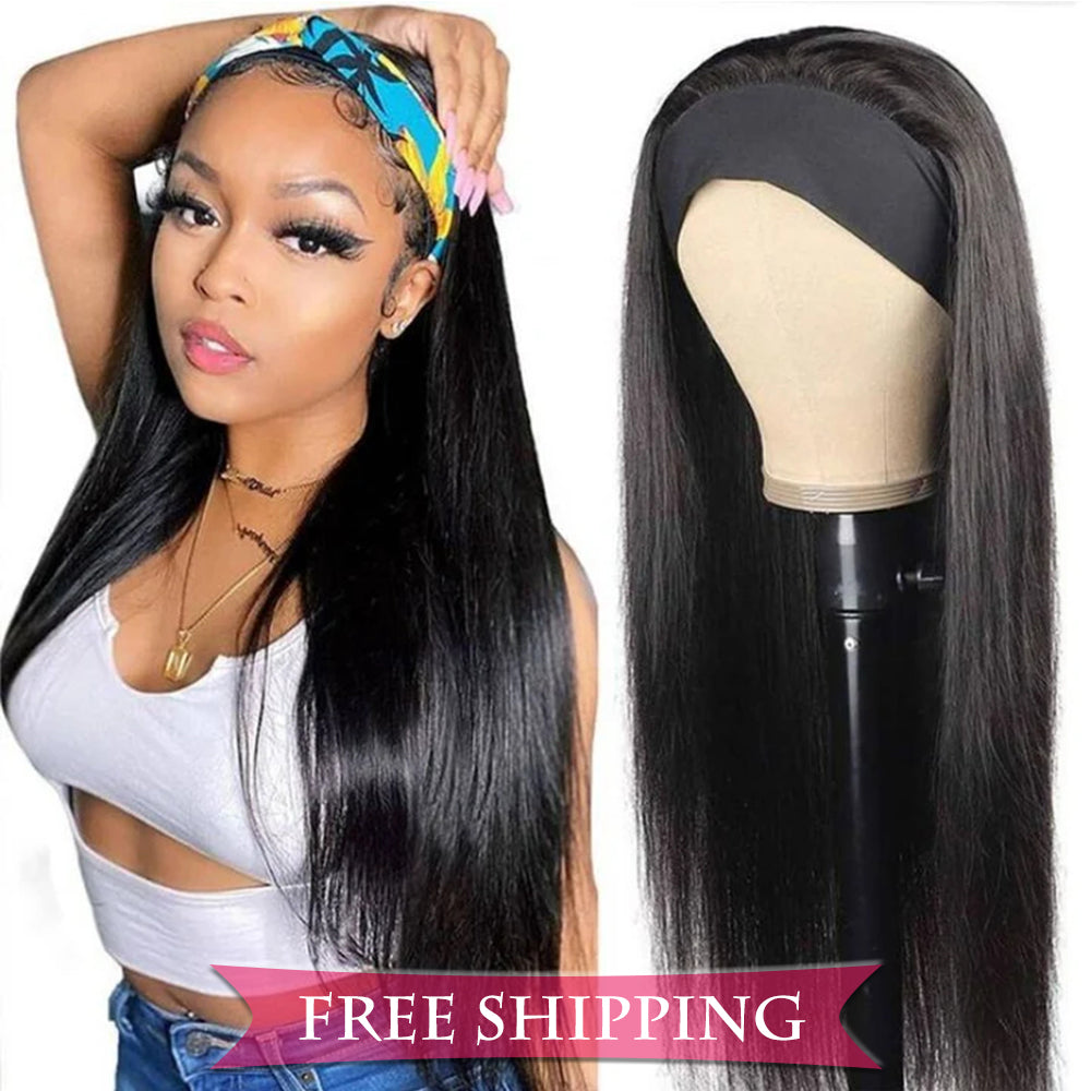 Straight #1B Natural Black Flexible 180% Density Beginner Friendly Headband Wig Free Shipping - Headband Wig