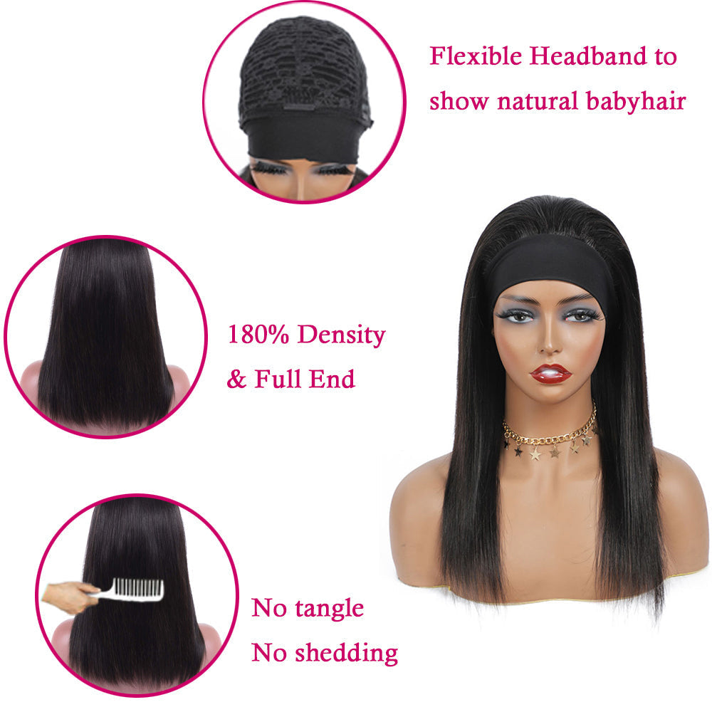 Straight #1B Natural Black Flexible 180% Density Beginner Friendly Headband Wig - Headband Wig