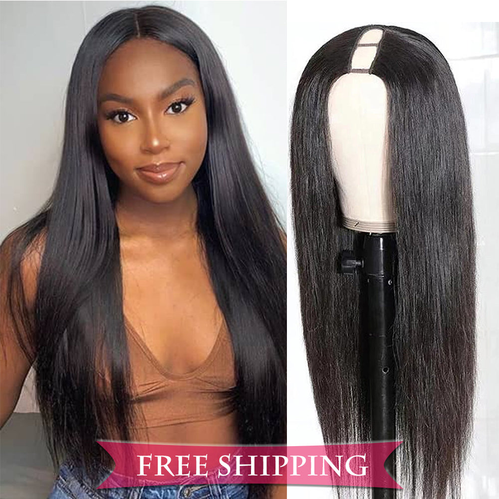 Straight #1B Natural Black U Part Wigs 100% Virgin Human Hair 180% Density Free Shipping - U Part Wig