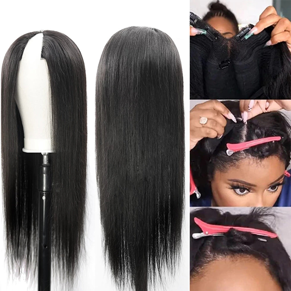 Straight #1B Natural Black V Part Wigs 100% Virgin Human Hair 180% Density - V Part Wig