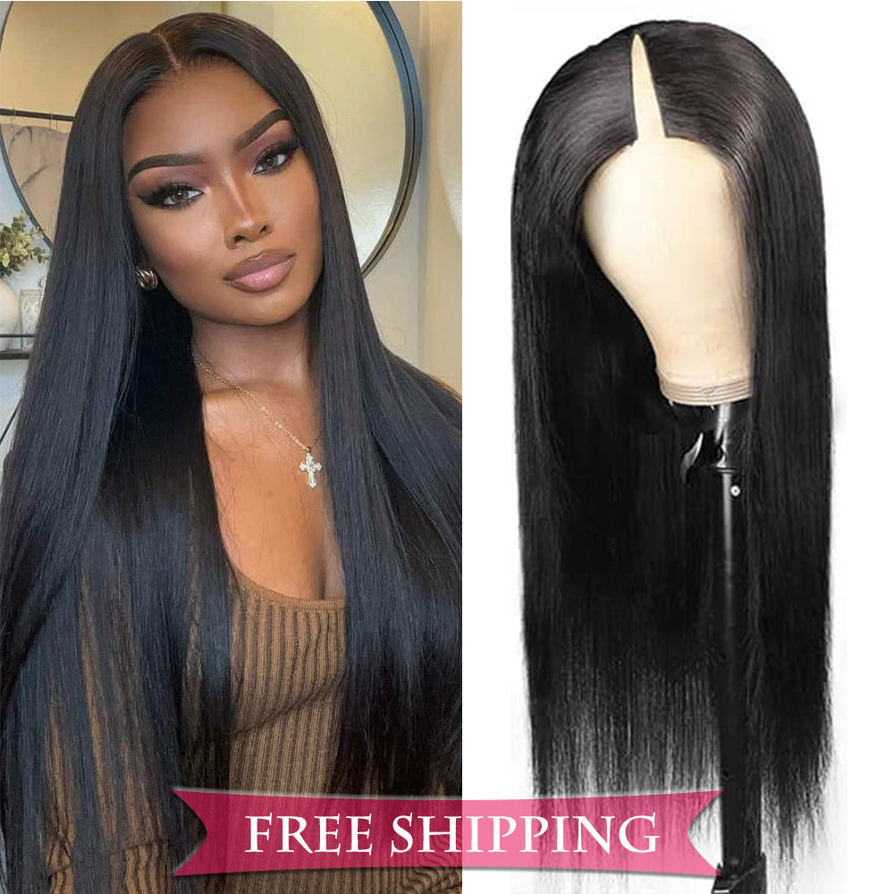Straight #1B Natural Black V Part Wigs 100% Virgin Human Hair 180% Density Free Shipping - V Part Wig